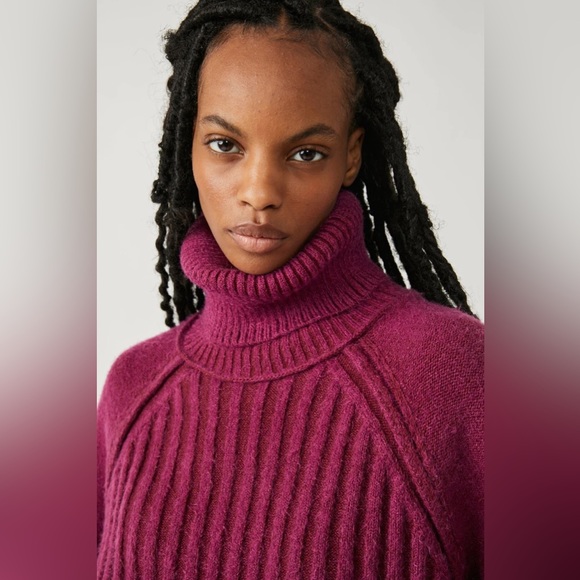 NWT FREE PEOPLE Big City Turtleneck Sweater | Mulberry Garnet Combo MSRP $168 - Picture 4 of 14